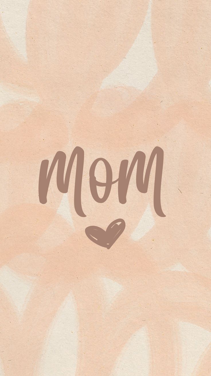 the word mom written in brown ink on a pink background with an abstract flower pattern