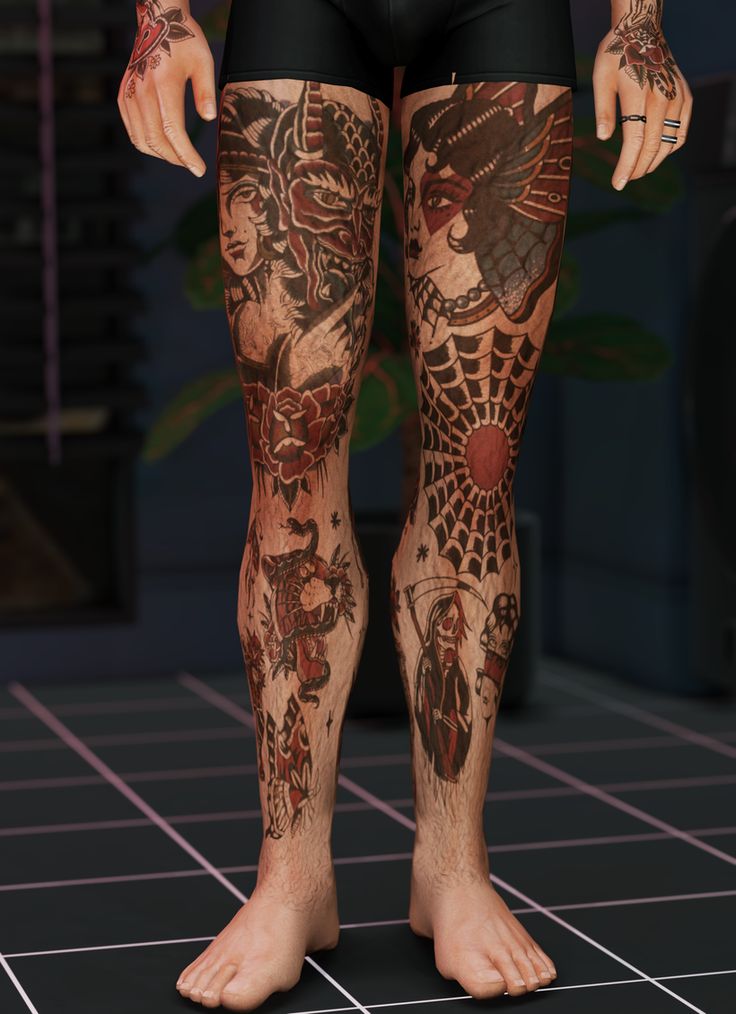 a man with tattoos on his legs standing in front of a tiled floor and wall