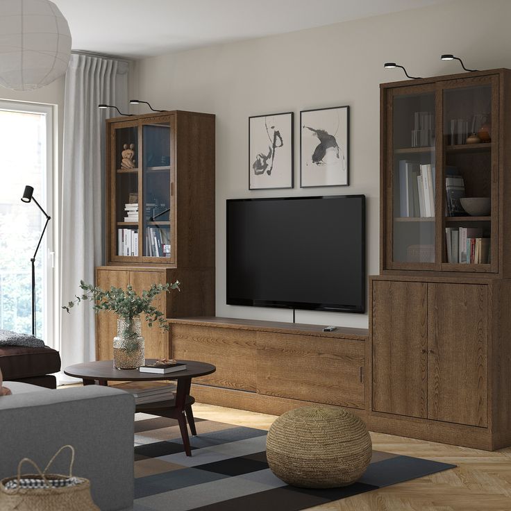 TONSTAD TV storage combination, brown stained oak veneer/clear glass, 134 5/8x18 5/8x78 7/8 ". Classic design meets nicely brushed veneer in the TONSTAD series, giving the furniture a unique character. Details like integrated solid oak handles and knobs create a timeless, elegant look in your home. Top panel/ Bottom panel: Particle- and fiberboard with honeycomb paper filling (100% recycled paper). Tv Storage, Kids Flooring, Media Furniture, Stained Oak, Organization Furniture, Ikea Home, Kitchen Installation, Ikea Storage, Tv Wall Design