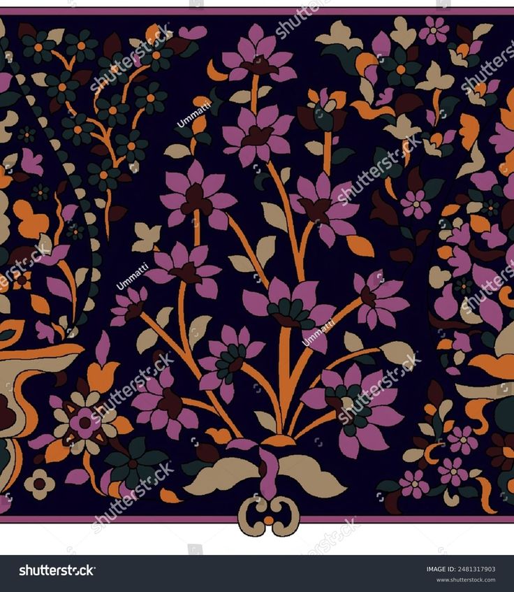 an ornate floral design with purple and orange flowers