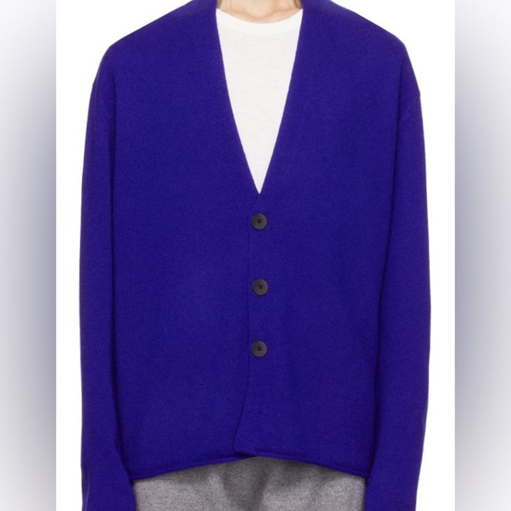 Size Small. Great Condition Blue Wool V-neck Outerwear, Designer Blue Sweater For Fall, Fall Blue Cashmere Outerwear, Blue Cashmere Outerwear For Fall, Blue Cashmere Cardigan For Fall, Classic Blue Cashmere Cardigan, Blue Wool Cardigan For Fall, Blue Cashmere Cardigan For Winter, Designer Blue Long Sleeve Sweater