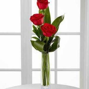 three pink roses in a clear vase on a white table next to two open windows