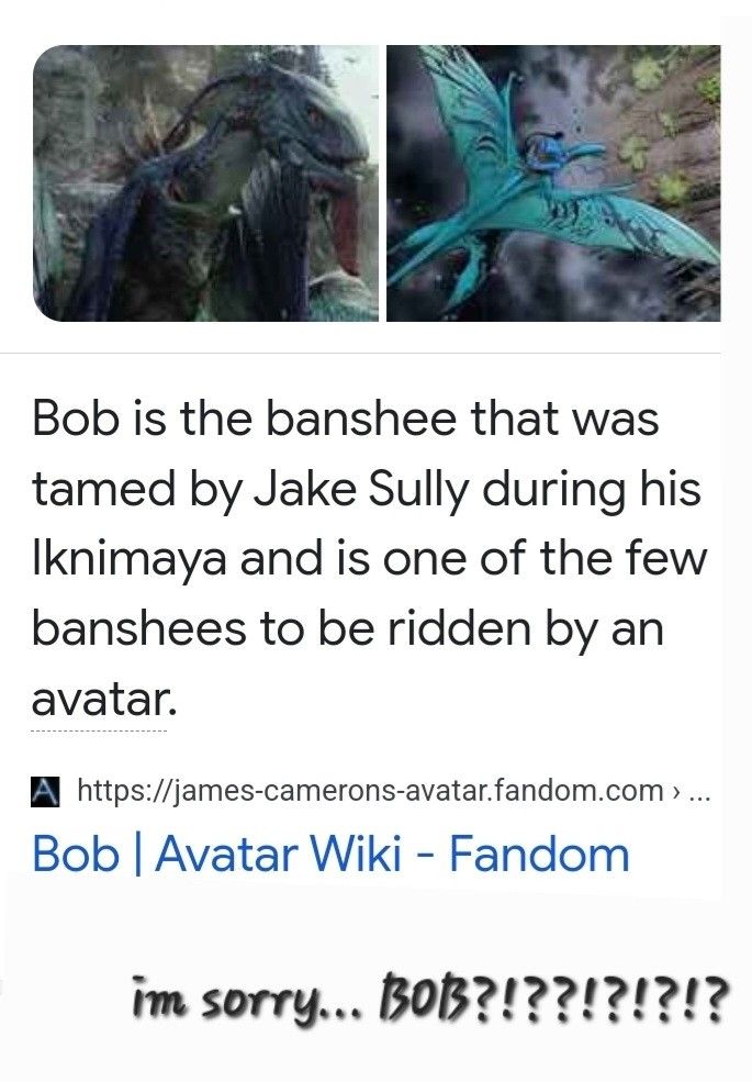 an image of a twitter post with the caption bob is the banshee that was tamed by lake sully during his inkimaya and is one of the few banshes to be ridden by an avatar