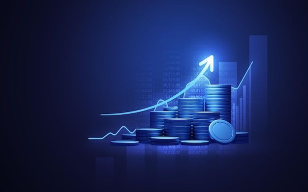 stacks of coins with an upward arrow going up in front of a graph bar on a dark background