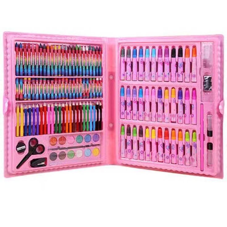 a pink case filled with lots of different colored pens