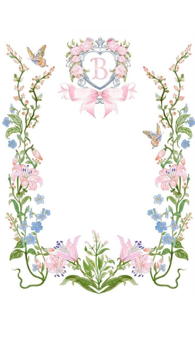 the letter b is surrounded by flowers and butterflies