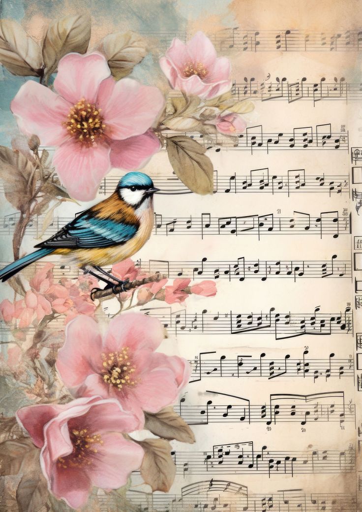 a blue bird sitting on top of pink flowers next to music sheets and sheet music