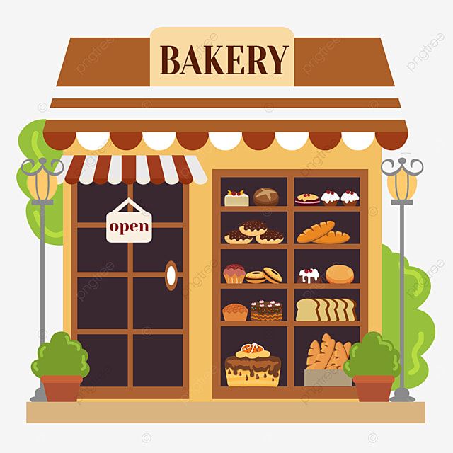 an illustration of a bakery with lots of breads and pastries in the window