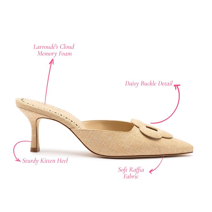 An indispensible part of our everyday uniform right now, this kitten heel silhouette in a soft raffia is equal parts sleek and chic. Designed to be ladylike with thoughtful details, we love dressing them down with denim and pairing them with a menswear-inspired suit for the kind of cool contrast we love. Product Details: Beige Raffia fabric 2.5 inch stiletto heel Finely crafted leather sole for support, durability, and comfort Insole with memory foam cushion and hot stamp logo Peel off the prote Spring Kitten Heels With Branded Insole, Fitted Kitten Heels For Spring Workwear, Spring Workwear Fitted Kitten Heels, Chic Spring Kitten Heels With Removable Insole, Classic Kitten Heels For Summer Office Wear, Classic Kitten Heels For Office In Summer, Chic Almond Toe Kitten Heels With Medium Width, Classic Summer Office Kitten Heels, Chic Kitten Heels With Removable Insole And Medium Width