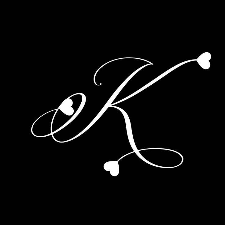 the letter k is made up of hearts and swirls on a black background with white lettering