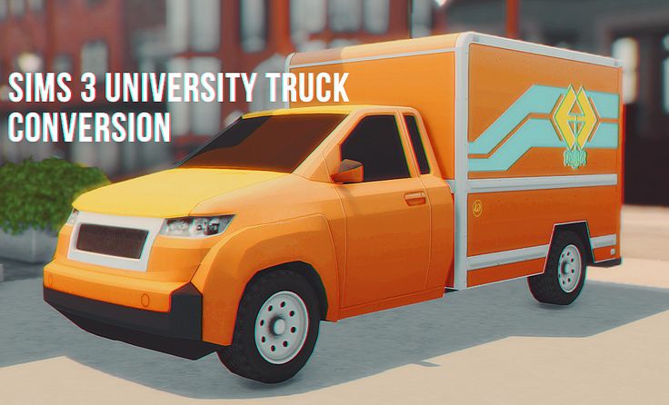 an orange truck with the words sims 3 university truck on it's side