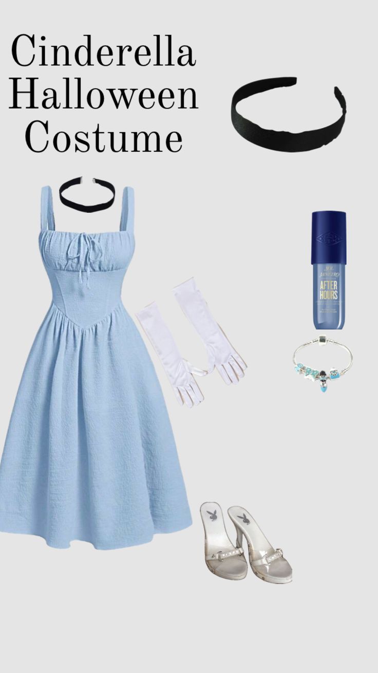 a blue dress and accessories are arranged on a white background