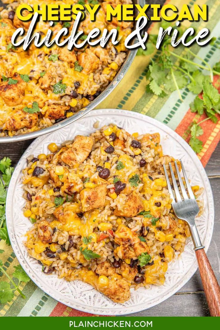 mexican chicken and rice casserole on a plate with a fork next to it