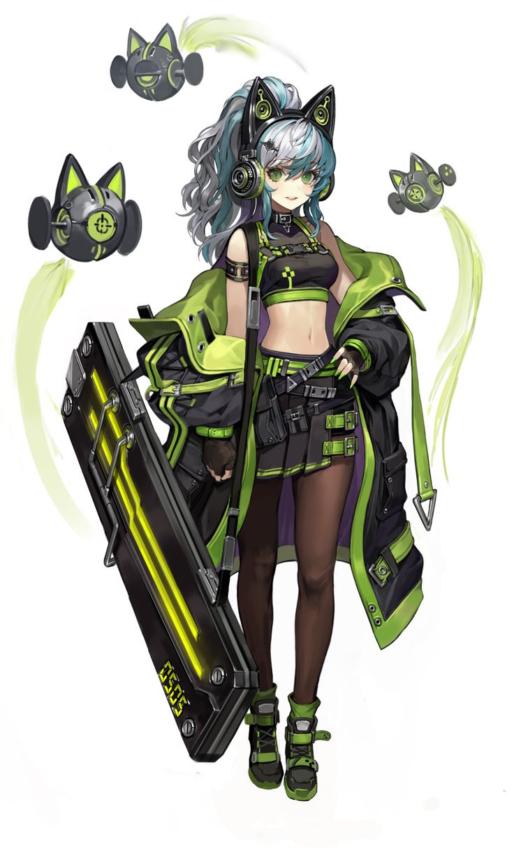 an anime character is holding a suitcase and cat ears on her head, with green hair