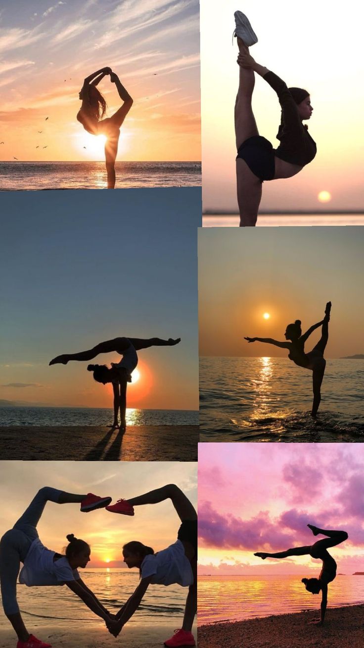 the silhouettes of two people doing yoga poses in front of the ocean at sunset