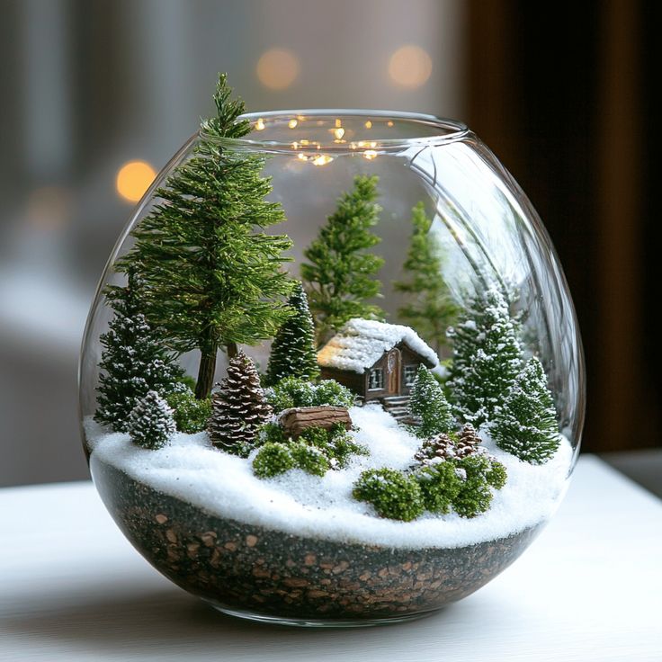 a glass bowl filled with snow covered trees and a small cabin in the middle is sitting on a table