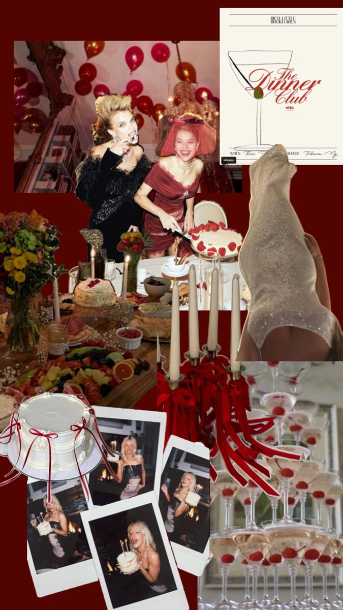 a collage of photos, wine glasses, and other items on a table with red ribbon