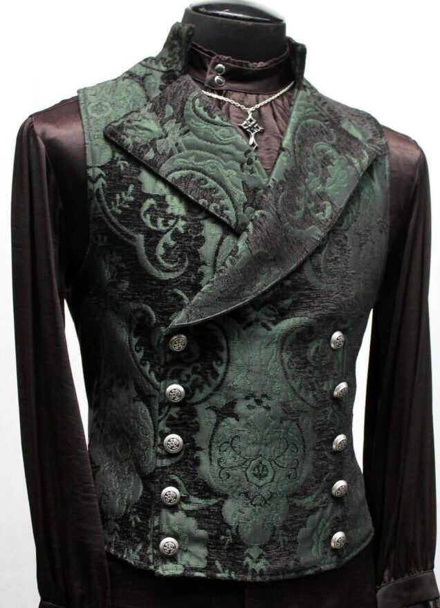 Men’s Vests – Shrine of Hollywood Fitted Green Vest Outerwear, Fitted Green Vest For Fall, Victorian Tapestry, Steampunk Mode, Moda Steampunk, Steampunk Gadgets, Black Tapestry, Goth Steampunk, Gothic Vampire