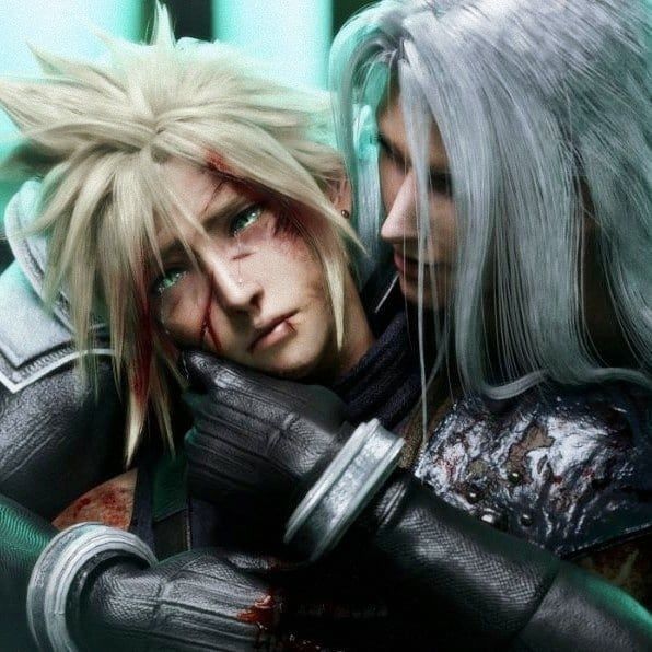 two people with white hair and black gloves are hugging each other in the video game final fantasy