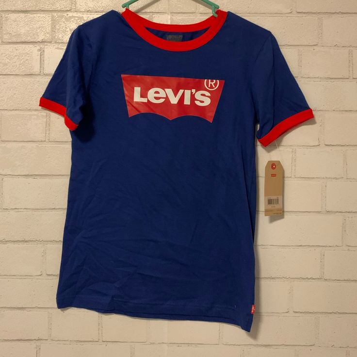 New Levis Blue Ringer Tee With Red Trim Blue Graphic Print Shirt For School, Levi's Blue Cotton Shirt, Levi's Blue Crew Neck Tops, Casual Blue Levi's Shirt, Blue Letter Print Shirt For School, Blue Letter Print Top For School, Blue Letter Print Tops For School, Levis T Shirt, Levis Shirt