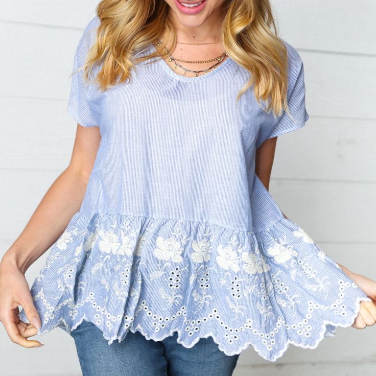 Soft Blue Peplum Blouse With Embroidery 22in Ptp 27 1/2in Length Shoulder To Hem 100% Cotton Cotton Boho Tops, White Tunic Shirt, Disney Scrubs, Lace Balloons, Trapeze Top, Halloween Tank Top, Smock Blouse, Sequin Pants, Shirt Tunic Top