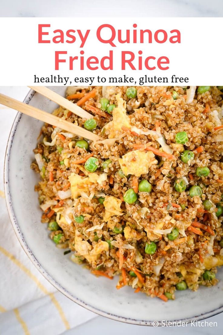 an easy quinoa fried rice recipe in a white bowl with chopsticks