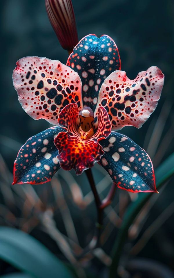 an orchid with red, white and blue spots on it's petals is shown