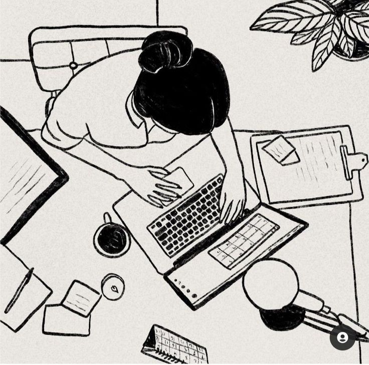 a drawing of a woman working on her laptop