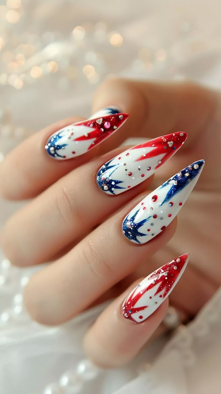 37 Dazzling July 4th Nail Designs to Light Up Your Look Nail Ideas July 4th, July 2024 Nails, 4th Of July Nail Art Designs, Fire Work Nails, Fancy Acrylics, Fancy Nail Art Designs, Simple Acrylic Nail Designs For Summer 4th Of July, Nail Designs 4th Of July, Independence Nails