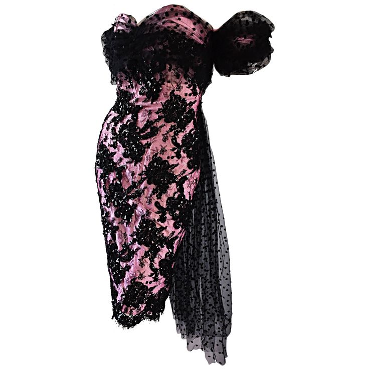 Amazing vintage LILLIE RUBIN pink and black silk wiggle dress! Features a pink strapless dress, with an all over black French lace overlay, encrusted with hundreds of hand-sewn black sequins. Black tulle cover the off-shoulder sleeves and bust, and also form an incredible train in the back! So much detail went into the creation of this amazing vintage dress! Fully lined. Hidden zipper up the back, with hook-and-eye closure. Looks fantastic on the body! In great condition. Made in USA. Approximat Tulle Train, Black And Pink Dress, Dresses Sequin, Pink Strapless Dress, Pink Cocktail, Sequin Dresses, Cocktail Dress Vintage, Dress Sequin, Lace Overlay Dress