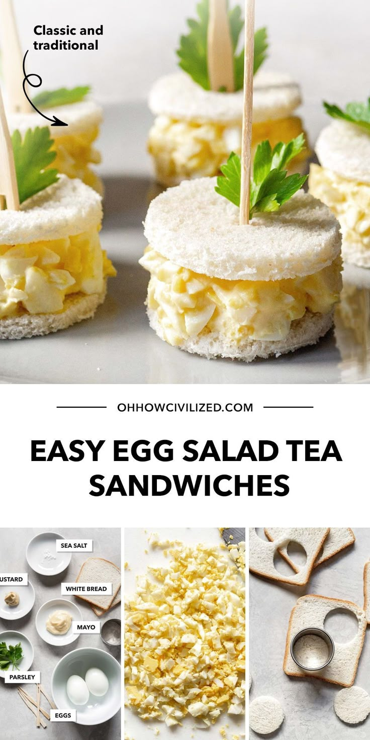 egg salad tea sandwiches with wooden skewers on them and the title above it reads, easy egg salad tea sandwiches