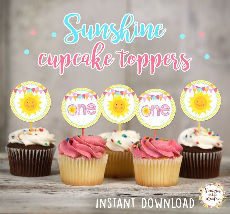 three cupcake toppers with the words sunshine and one one on them are sitting in front of some cupcakes