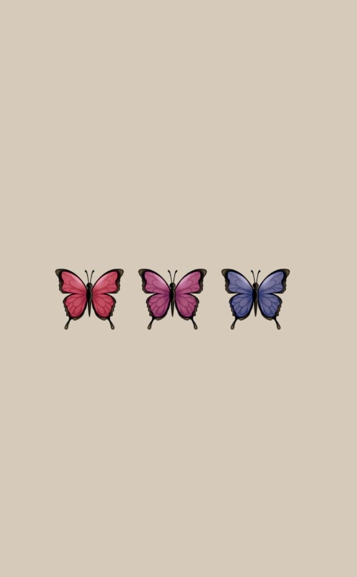 three different colored butterflies on a gray background, one is pink and the other is blue