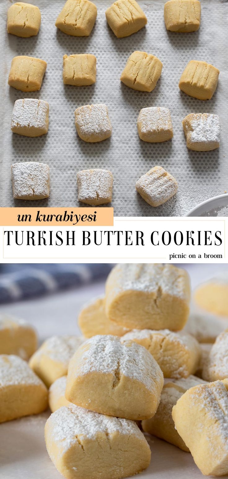 an image of fresh butter cookies on a baking sheet with powdered sugar in the middle