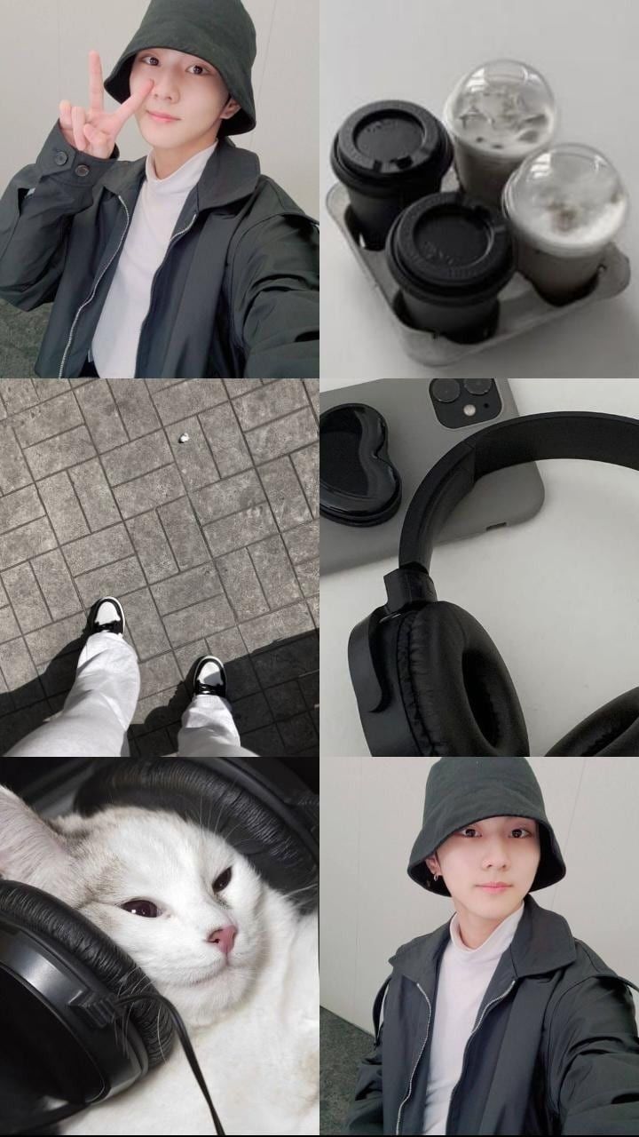 a collage of photos with headphones and a cat