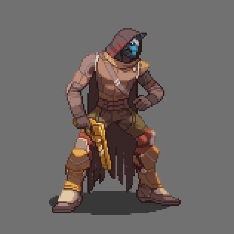 an old pixel art style character sitting on a chair