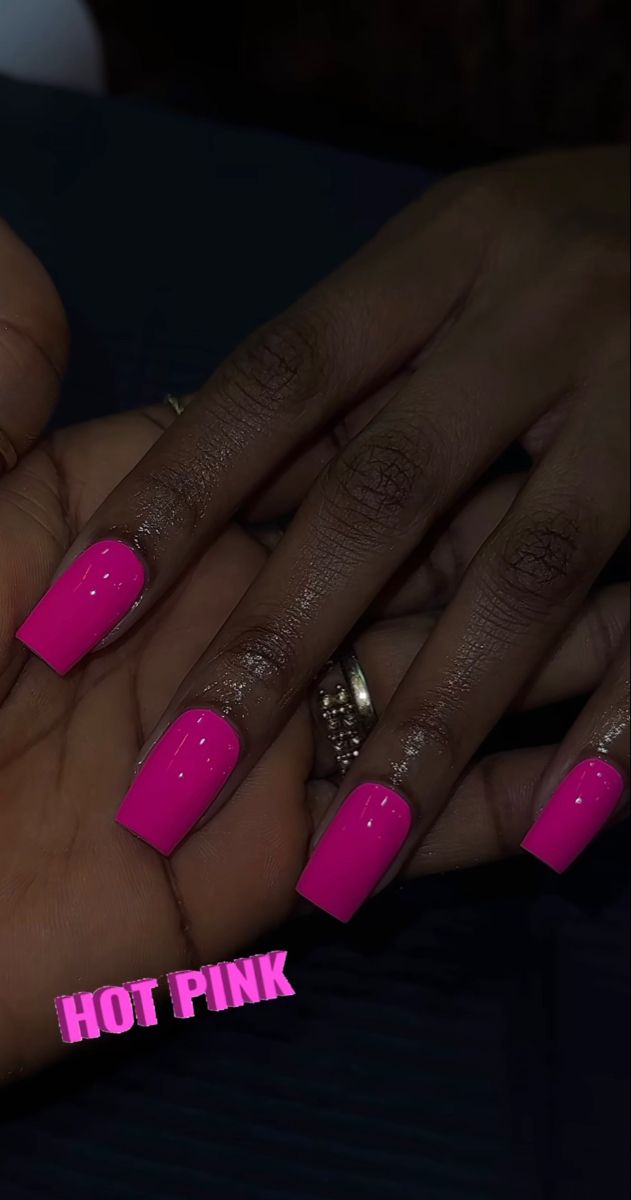 Neon Pink Acrylic Nails Short, Hot Pink Nails With Design Summer French Tips, Gel Nails Ideas Solid Color, Black And Dark Pink Nails, Short Acrylic Nails Hot Pink, Short Dark Pink Nails, Dark Pink Nails Ideas, Square Hot Pink Nails, Short Nails Hot Pink