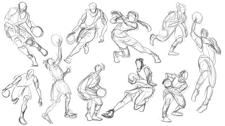 a bunch of sketches of people playing basketball