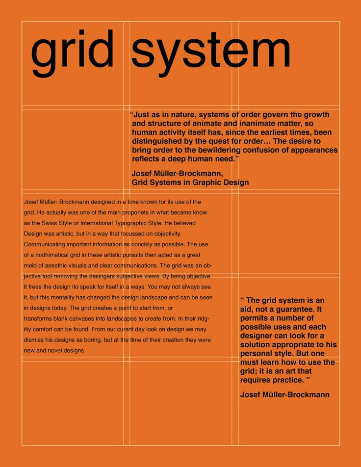 an orange poster with the words grid system in black and white on top of it