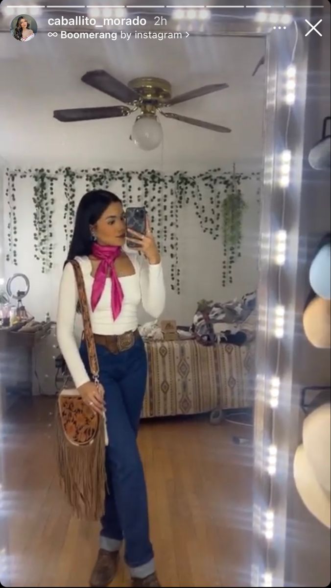 Western Outfit With Scarf, Outfits For Mexico Ranch, Casual Vaquera Outfits, Rancho Fits, Modest Cowgirl Outfits, Modest Western Outfits, Coleadero Outfits, Pbr Outfits, Winter Vaquera Outfits