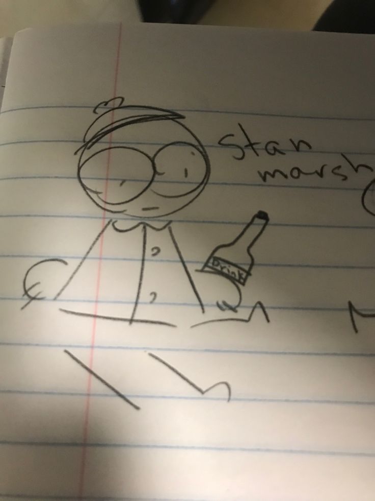 a drawing of a person with a bottle in his hand on top of a piece of lined paper