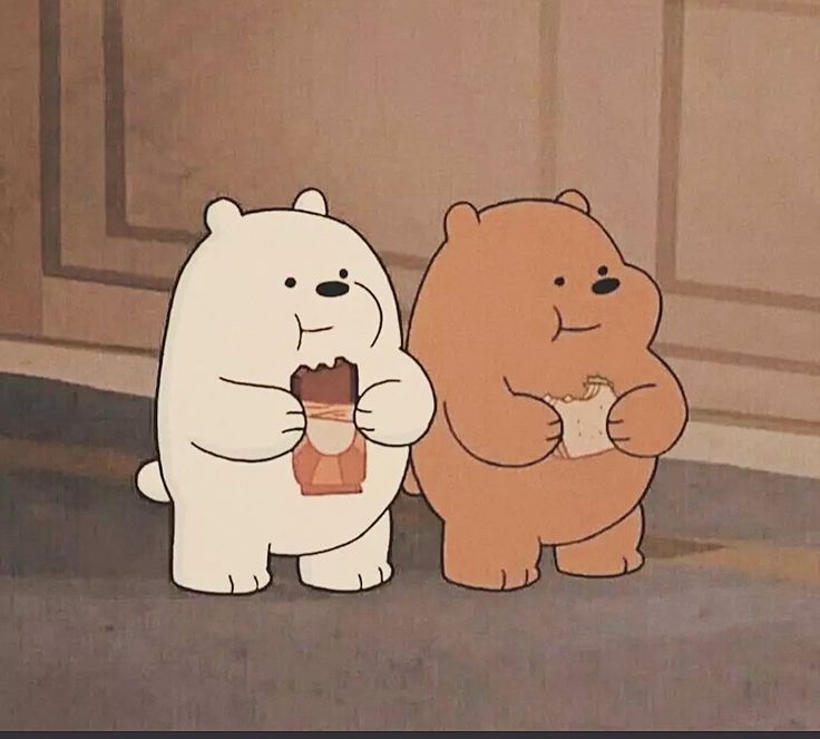 two cartoon bears are standing next to each other eating some food and one is holding a cupcake