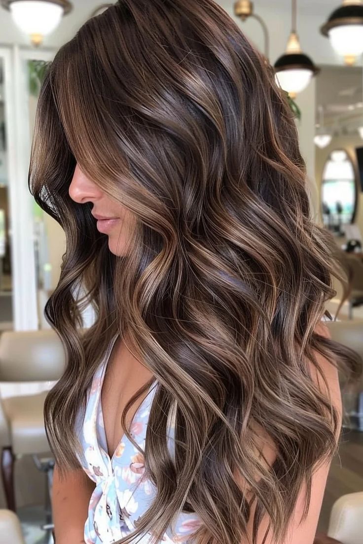 Fall Highlights For Auburn Hair, Deep Highlights On Dark Hair, Light Hair On Top Dark On Bottom Brown, Blond Highlights To Brown Hair, Back Hair Highlights, Hazelnut Brown Hair Highlights, Mocha Hair Highlights, Caramel Honey Brown Hair Balayage, Boliage Hair Dark Brown Natural