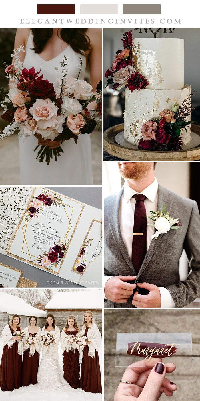 a collage of wedding photos with burgundy and white flowers