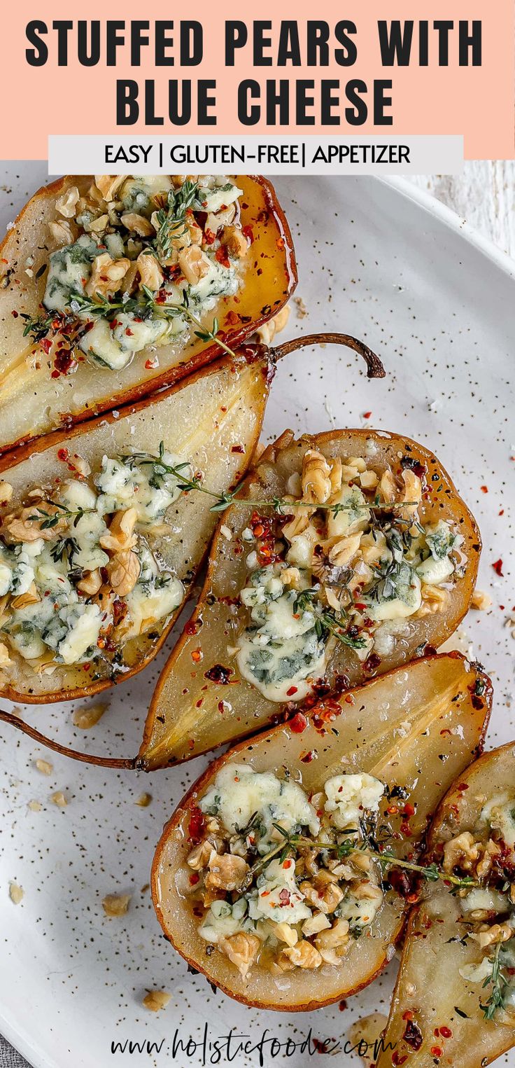 baked stuffed pears with blue cheese on a white platter and text overlay