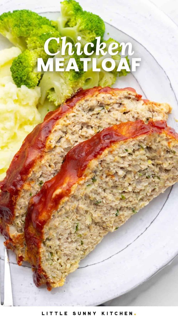 meatloaf on a plate with broccoli and mashed cauliflower