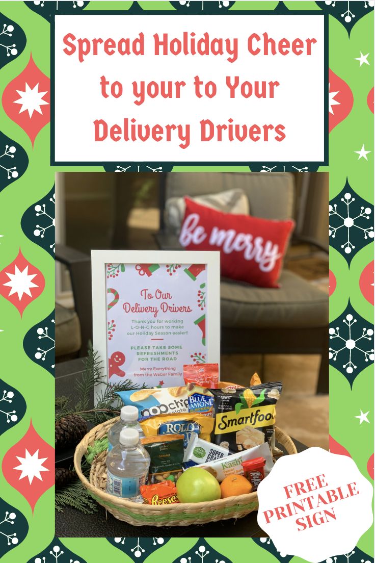 an advertisement for the holiday cheer to your delivery drivers, with a basket full of food