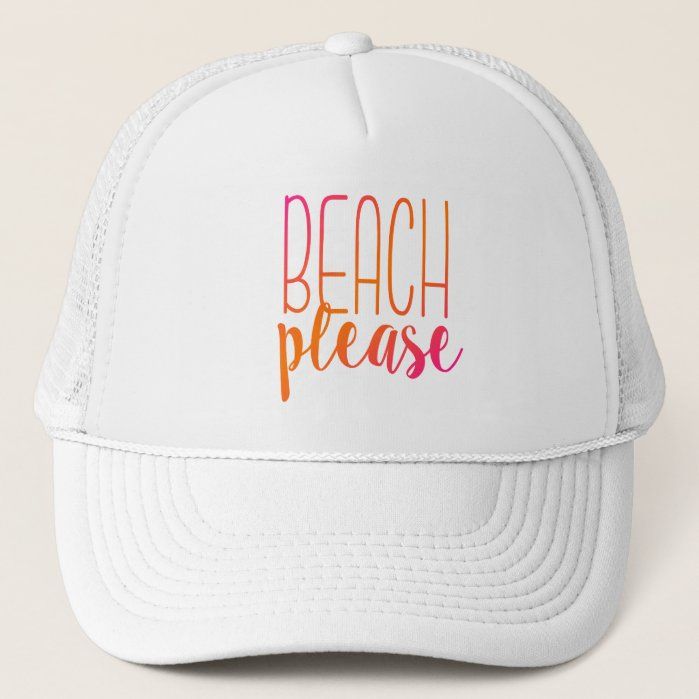 This funny trucker hat features the phrase "Beach Please" in a pink and orange ombre. Perfect for anyone that loves the beach! White Summer Baseball Cap For Beach Season, Letter Print Hat For Vacation And Beach Season, Summer White Baseball Cap For Beach Season, White Baseball Cap For Beach Season, One Size Letter Print Snapback Hat For The Beach, Trendy Snapback Hat With Letter Print For Beach, Trendy Letter Print Sun Hat For The Beach, White Letter Print Trucker Hat For Vacation, White Trucker Hat With Letter Print For Vacation