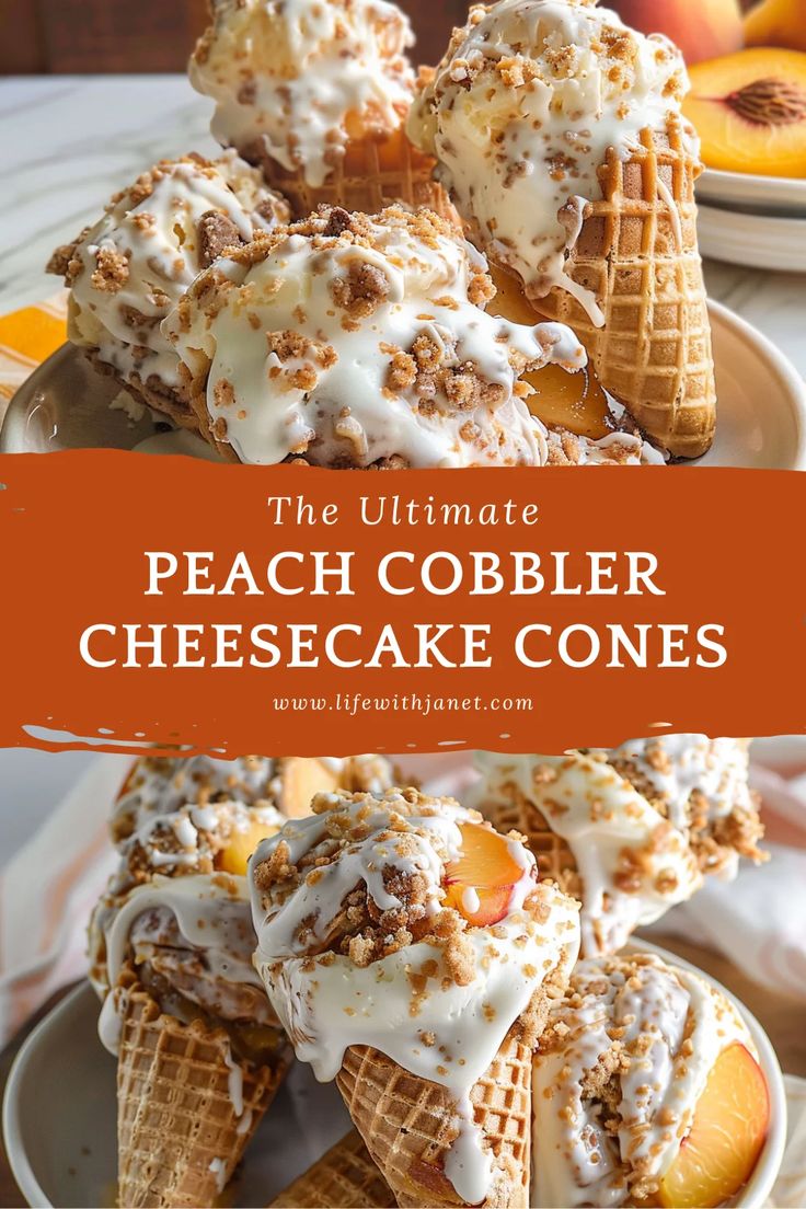 Peach Cobbler Cheesecake Cones Cheesecake Cones, Peach Cobbler Cheesecake, Summer In The South, Cone Dessert, Peach Dessert Recipes, Southern Desserts, Peach Desserts, Peach Cobbler Recipe, Peach Recipe