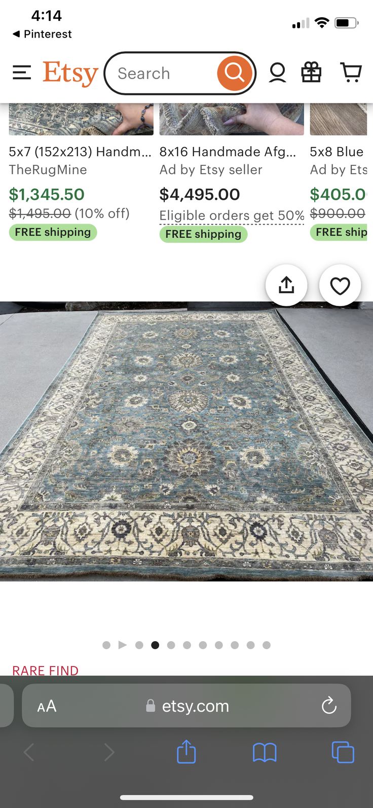 an image of a rug on the app store's mobile page, which is showing prices for each item